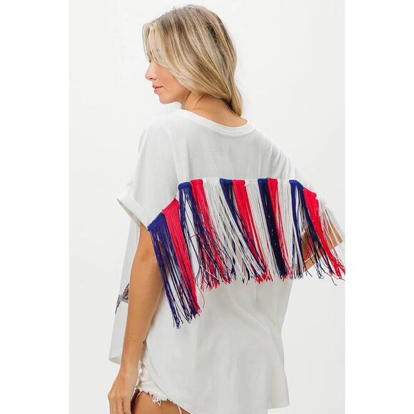 BiBi 4th Of July American Flag Theme Sequin Ribbon Patches Back Fringe T-Shirt - Picture 9 of 13